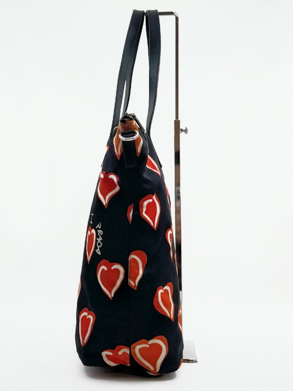 Prada Black Nylon Heart Print Tote Bag Red Orange Hearts Shoulder Bag - Picture 3 of 13